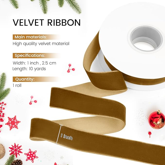 Khaki Velvet Ribbon, 1 inch 10 Yards Vintage Velvet Ribbons Perfect for Christmas Tree Ornaments, Gift Wrapping, Wedding Decoration, Bows, Sewing, Crafts, Wreath and More