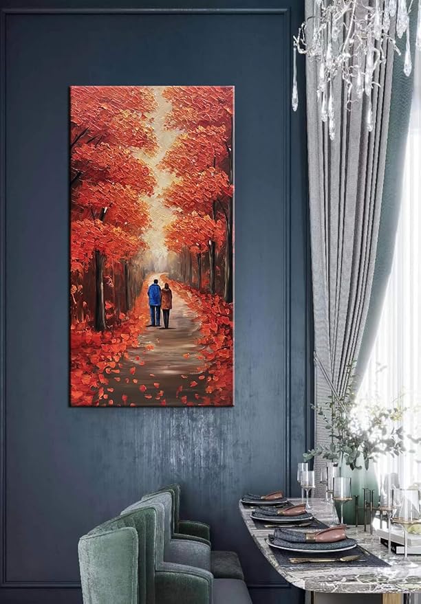 Autumn Forest Path Canvas Wall Art, Red Fall Trees Oil Painting, Large Modern Textured Artwork