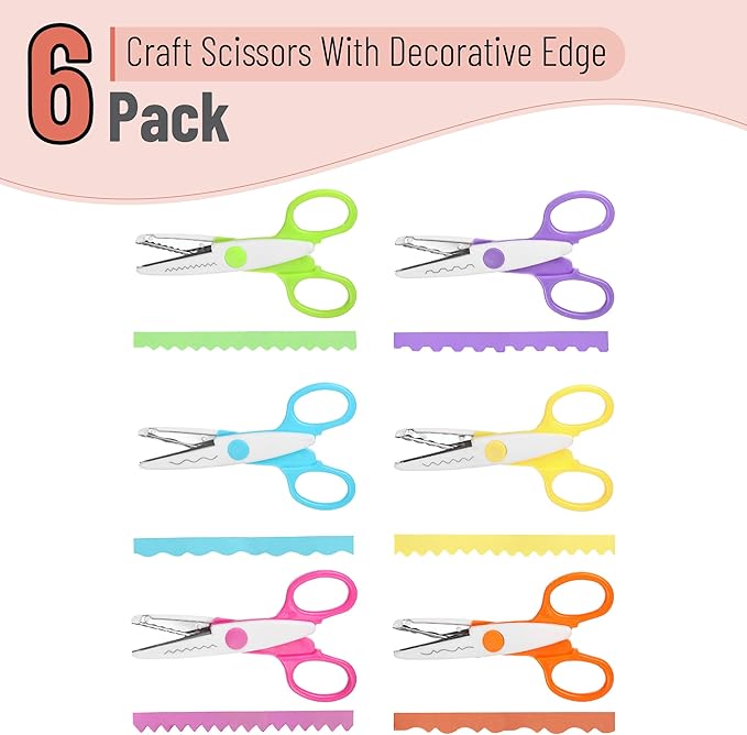 Mr. Pen Craft Scissors - Decorative Edge, 6 Pack, White & Vibrant Color, Zig Zag & Pattern Scissors for Crafting & Scrapbooking