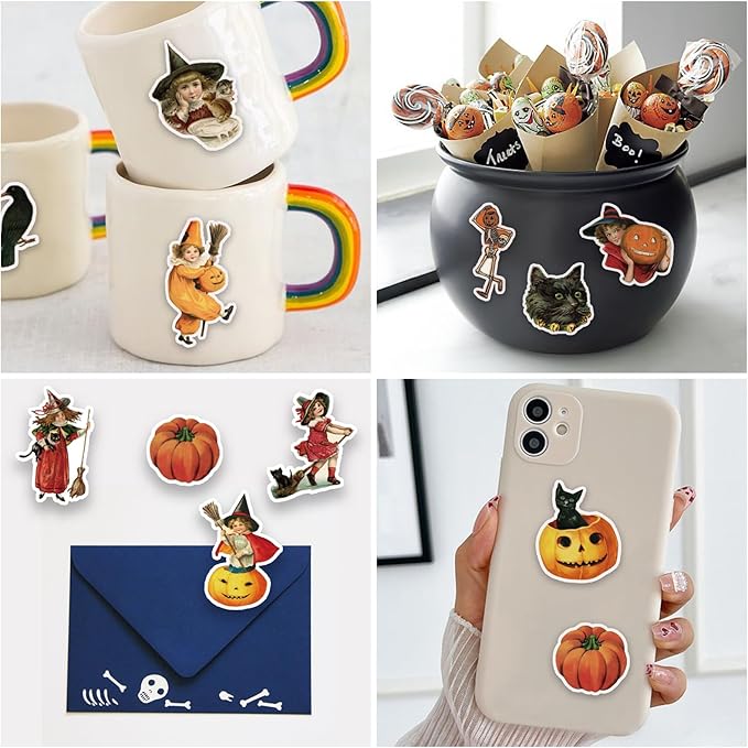 100 Pcs Vintage Witch Stickers, Retro Pumpkin Stickers for Scrapbook, Junk Journal, Collages, Halloween Party Favors, Waterproof Vinyl Stickers for Laptop, Phone, Window, Water Bottles
