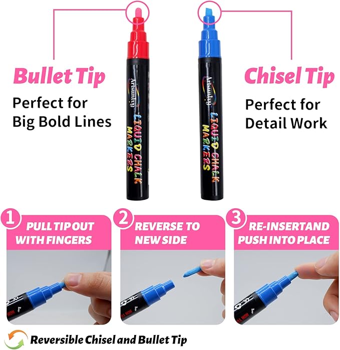 8 Colors Chalk Markers, Chalk Pens, Erase Marker, Non-Toxic, Water-Based, Reversible Tips, Chalkboard Markers for Adult, Car Windows, Glass