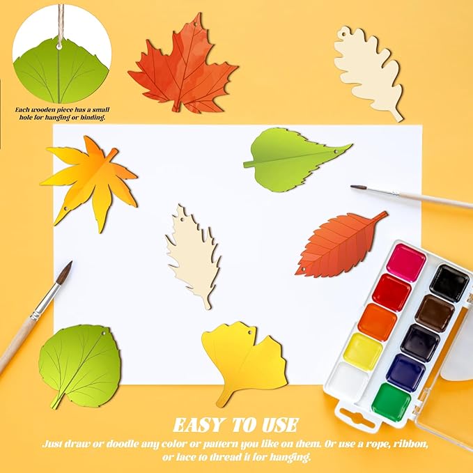 Subacy 80 PCS Unfinished Wood Cutouts 8 Styles DIY Wooden Crafts, Autumn Maple Ornaments Painting Kit for Kids, Birthday Thanksgiving Creativity Arts & Crafts (Maple Leaves)