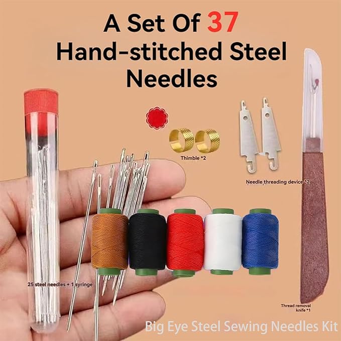 Big Eye Steel Sewing Needles Kit, 34PCS Big Eye Steel Needles Set, Portable Stainless Steel Needles for Hand Sewing, Long & Thin Handmade Quilting & Sewing Kit for DIY Sewing Projects (31 pcs kit)