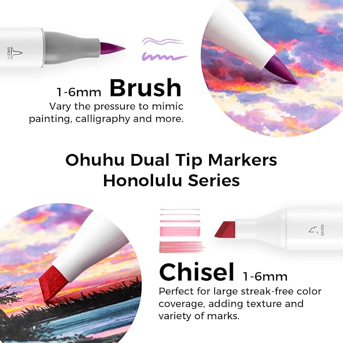 Ohuhu Alcohol Markers Brush Tip- 104-color Double Tipped Alcohol Based Art Marker Set for Artists Adults Coloring Illustration- Honolulu of Ohuhu Markers- Dual Tip Brush & Chisel- Refillable