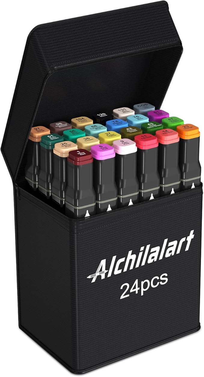 alchilalart 24 Colors Alcohol Based markers, Alcohol Markers Set, Dual Tip Alcohol Sketching Drawing Markers Animation for Adults Kids