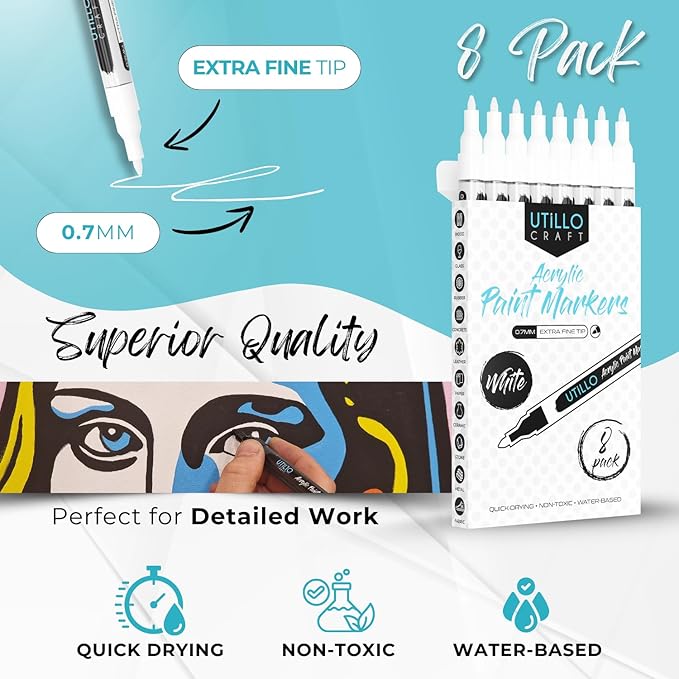 Utillo Craft White Paint Pen (8-Pack) for Rock Painting, Wood, Glass, Tire, Canvas, Metal, Fabric | Extra Fine 0.7mm Tip Made in Japan | Bold Color Acrylic White Paint Markers | Perfect Art DIY Gift