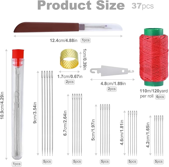 37 Piece Big Eye Steel Sewing with Sewing Tool Set Needle and Thread Kit，Stainless Steel Needles Hand Sewing，Mnin Portable Sewing Kit for Adults