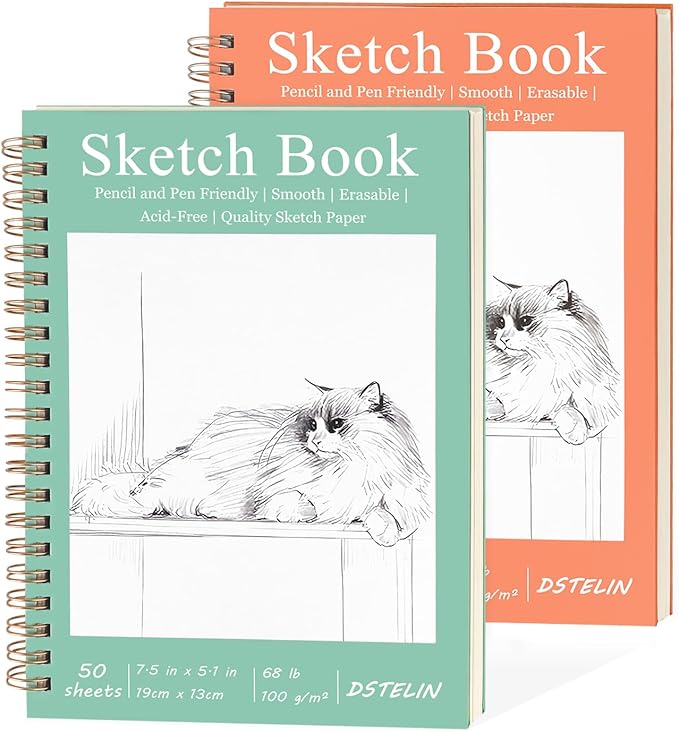 DSTELIN 7.5 x 5.1 Inch Mini Hardcover Sketchbook Set, 2-PC, Spiral Bound, 50 Acid-Free Drawing Sheets Each, Pink & Green Covers, Ideal for Beginners to Professionals