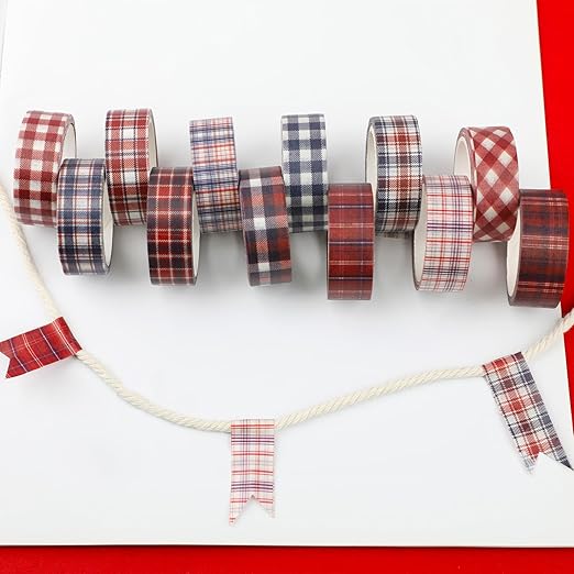 12 Rolls Christmas Basic Grid Washi Tape Set, Red Blue White Plaids Decorative Paper Stickers for Thanksgiving Independence Day Scrapbook Journaling DIY Art Crafts Gift Wrapping 16.4FT