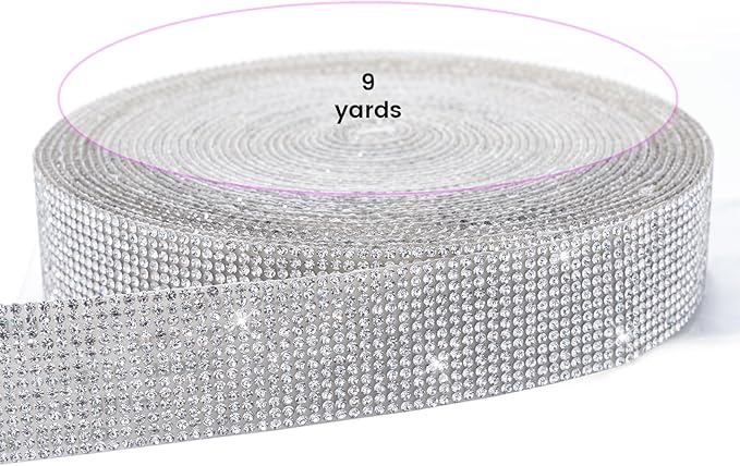 Novani Self Adhesive Rhinestone Ribbon, 1.14 Inch Wide 9 Yards 1 Roll, Silver Crystal Diamond Bling Strips for DIY Crafts, Home Decor, Glitter Glass Rhinestones Tape for Crafting, Car Decoration