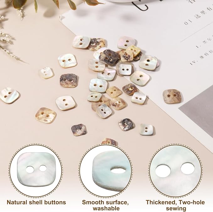 HARFINGTON 30pcs Pearl Shell Buttons 0.6" (15mm) 2 Hole Square Shell Sewing Button Natural for Cloth Craft Shirt DIY