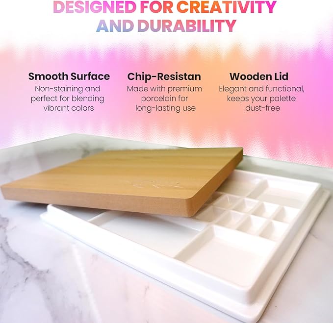 Ceramic Watercolor Paint Palette with Wooden Lid - 12x10 Inch Porcelain Mixing Tray with 22 Wells and 6 Large Wells - Professional Palette for Gouache, Acrylics, and More - Durable Design