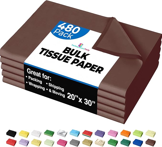Party Solids Brown Tissue Paper for Gift Bags - 20" X 30" Bulk Tissue Paper Brown 480 Sheets 17 GSM - 10lb Newsprint for Packing, Birthday Gift Box Filler, Packing Supplies & Moving Supplies