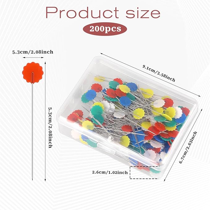200Pcs Flat Head Straight Pins, Flower Head Sewing Pins Assorted Colors Quilting Pin for Sewing DIY Projects Jewelry Decoration Dressmaker