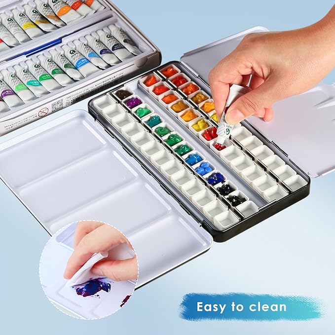 PEVART Watercolor Tin Palette, Metal Empty Paint Case with 52 PCS Empty Half Pans and a Water color Pen Suitable for DIY Travel Watercolor Palette, Acrylic and Oil Painting