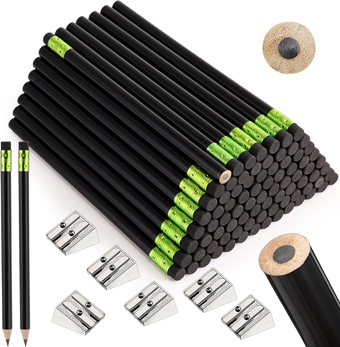 Fainne 102 Pcs Bulk Thick Jumbo Graphite Pencils Set 96 Fat Giant Large Pencils and 6 Sharpeners Enhanced Grip for Art Drafting Writing Drawing Office and Home Use(Black,Round)