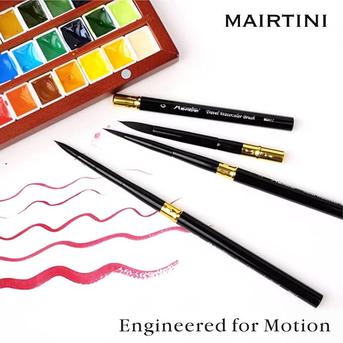 Mairtini Bouguereau Series Mini Watercolor Travel Set 6 Colors with Mini Wooden Case Watercolor Paint Kit with Two Travel Brushes and One Watercolor Pad for Painting Outside
