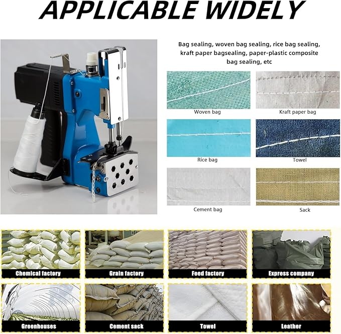 Bag Sewing Machine, 2s/bag Portable Bag Sewing Machine, Industrial Bag Closing Machine for Packing Woven Bags Non-woven Fabrics Leather (Blue, Corded - 110V)