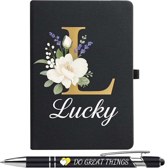 Monogrammed Journal with Pen Set, Initial L - Inspirational Gifts for Women, A5 Hardcover Notebook for Writing with Lucky Floral Design, 192 Lined Pages, 8.3x5.8 (Black Cover)