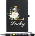 Monogrammed Journal with Pen Set, Initial L - Inspirational Gifts for Women, A5 Hardcover Notebook for Writing with Lucky Floral Design, 192 Lined Pages, 8.3x5.8 (Black Cover)