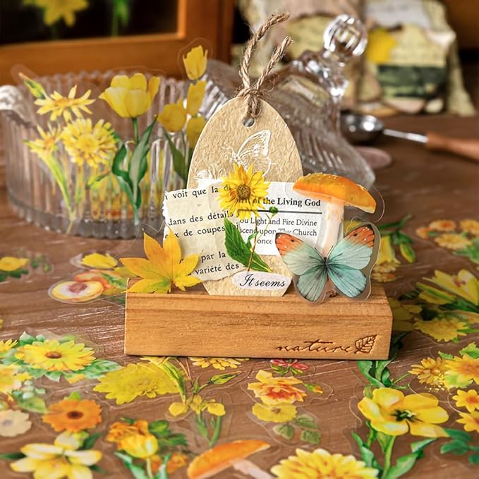 Yoksas Nature Fall Foliage Wildflower Stickers - 100Pcs Aesthetic Clear Yellow Mushroom Pumpkin Flower Stickers for Scrapbooking, Journaling, Retro Art, Resin Crafts