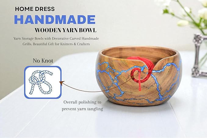 Large Yarn Bowl for Crocheting, Indian Rosewood Knitting Wooden Large Yarn Bowl Holder, Handmade Crocheting String Storage Holder, Knitting Crochet Accessories. (Brown + Blue Resin)