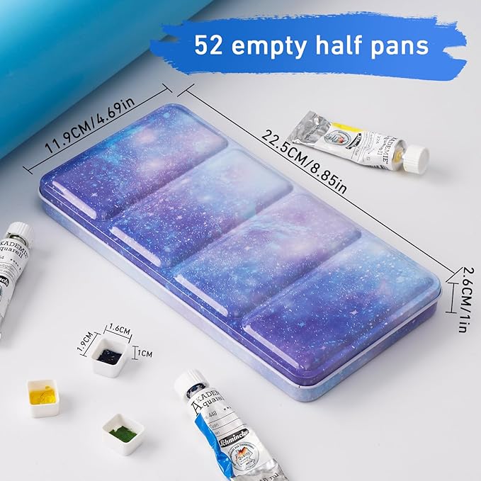PEVART Empty Watercolor Paint Palette case,Metal Water Color Tin Box with 52 Half Pans and Fold-out Mixing Painting Tray-Portable Travel Watercolor Palette, Plain Air painting