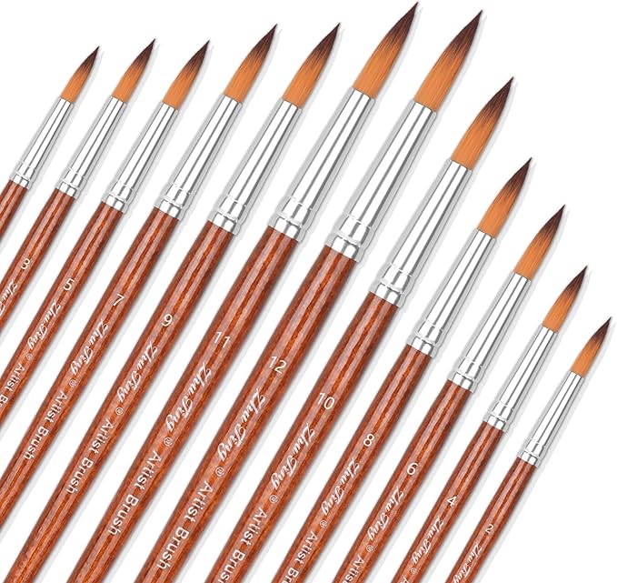 Watercolor Brushes, Round Pointed Tip Paint Brushes Set, 12 Pcs Different Sizes Paint Brushes for Watercolor Acrylics Ink Gouache Oil Tempera