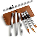 Travel Watercolor Brushes, 3pcs Watercolor Travel Brushes with Leather Pouch - Fine Point Rounds Dagger Flat for Watercolor Gouache Ink Painting