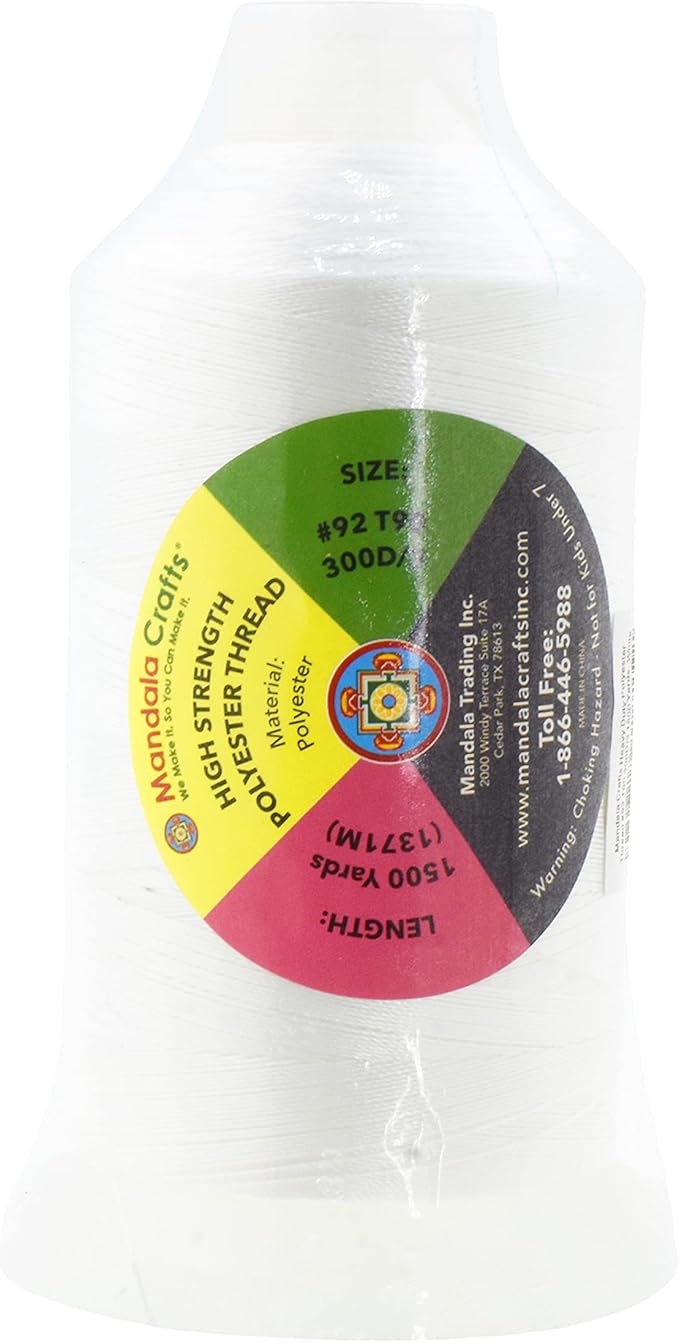 Mandala Crafts White Heavy Duty Thread - 1500 Yds Tex 90 Bonded Polyester Threads for Sewing Drapery, Jeans, Leather, Hair, Outdoor Marine Upholstery
