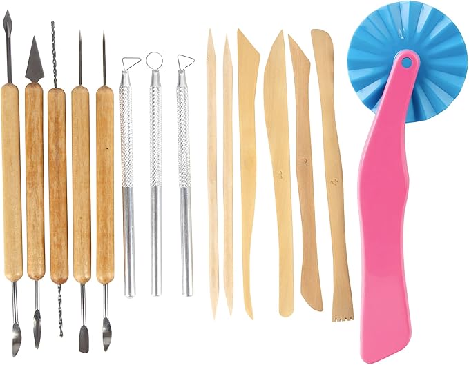 Pottery Tool Starter Kit- 15-Piece 26-Tool Beginner's Clay Ceramics Modeling Carving Sculpting Set- Arts & Crafts School Project, w Carrying Case, Birthday Gift for Kids, Holiday Gift Set for Artists
