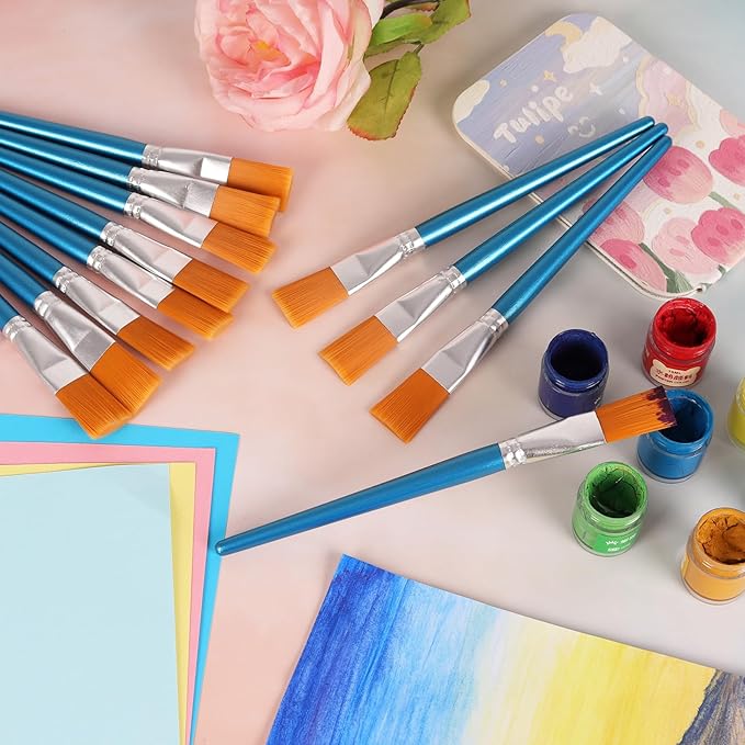 1 Inch Flat Paint Brushes for Acrylic Painting, 12 Pcs Acrylic Paint Brush Bulk, Arts Crafts Paintbrushes with Wooden Handle for Watercolor Oil Face Body Art Kids Adult Artist