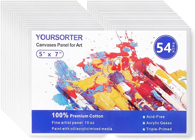 54 Pack 5x7 Inch Canvas Boards for Painting Bulk, Kids Art Novices Blank Painting Canvases, Gesso Primed Acid-Free 100% Cotton Canvas Panels for Acrylic Oil Watercolor Tempera Paint