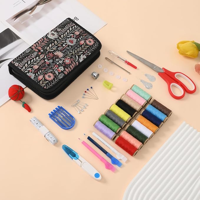 Sewing Kit for Adults, Needle and Thread Kit for Sewing, Sewing Supplies Accessories with Tailor Scissors, Sewing Thread, Needles and More for Home Travel and Emergency (Black - Large)