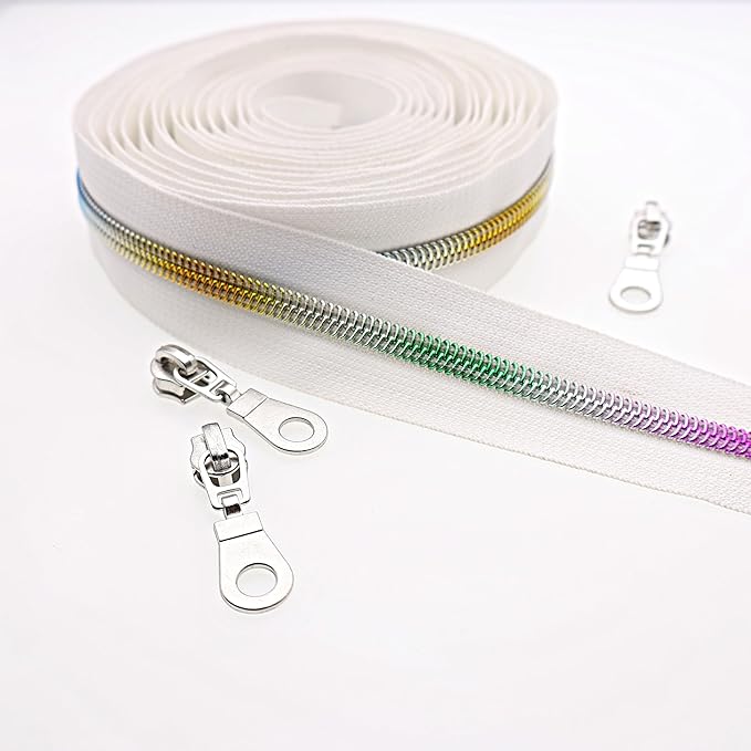 #5 Colorful Metallic Nylon Coil Zippers by The Yard, Bulk White Zipper Tape 10 Yards with 25Pcs Pulls for DIY, Sewing, Craft, Bags YIGUANXIN