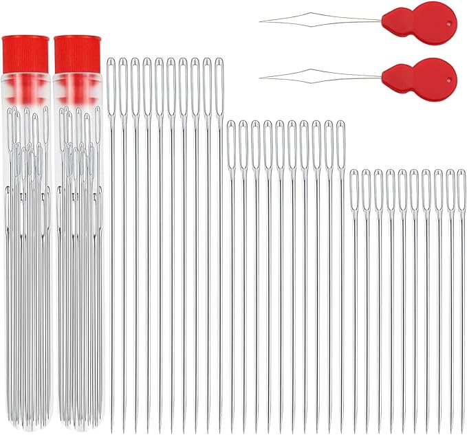 DTDNZKN 60 PCS Large Eye Hand Sewing Needles Set - 3 Sizes Leather Embroidery Thread Needles, Stainless Steel Hand Quilting Needles with Threader - Ideal for Hand Sewing, Art, and Crafts