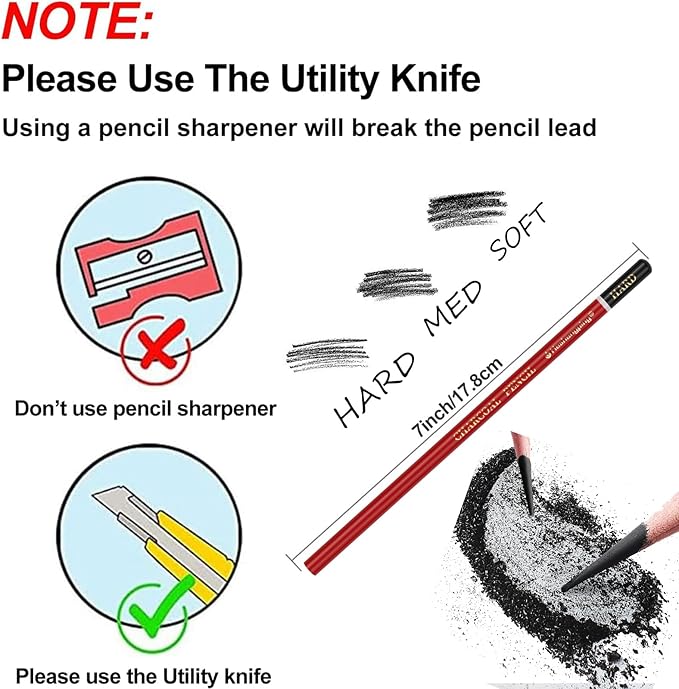 Professional Charcoal Pencils for drawing, Set of 6, Black Charcoal Drawing Pencils (Soft, Medium, Hard), Art Supplies for Drawing Sketching, Shading