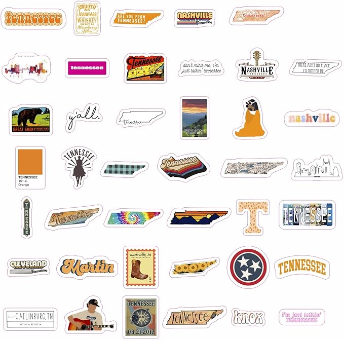 BulbaCraft 100Pcs Tennessee Stickers for Water Bottle and Laptop - Tennessee Party Supplies & Decorations, Waterproof Vinyl Decals, State Pride and Icon Stickers, Gifts for Women & Men