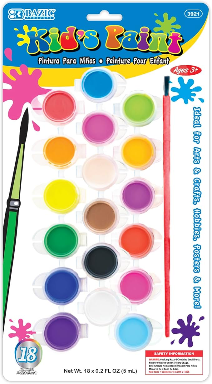 BAZIC Products Kid's Paint w/Brush 60 ml, 18 Colors Non-Toxic Paint Set, for Hobby Fun Vibrant Color Painting Art Supplies, Gift for Kids Artists, 24-Pack