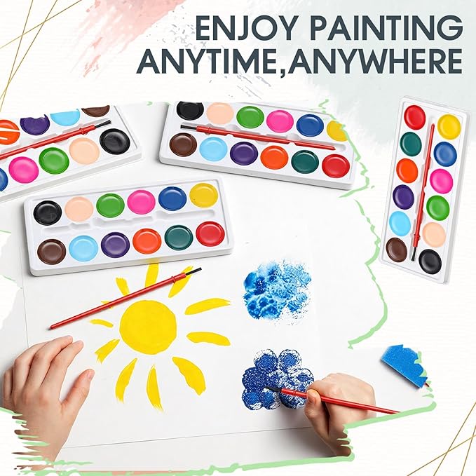 Outus 144 Pcs Watercolor Paint Set Bulk Mini Paint Set Washable Watercolor Palette with Painting Brushes for Art Party Supplies Prizes Stocking Stuffers, 3.3 x 2.6 Inch(12 Colors)