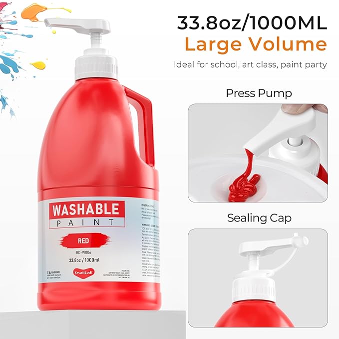 15 Colors Large Washable Paint Set (33.8oz/ 1000ml), Bulk Painting Supplies Non Toxic Tempera Paint for Kids Toddlers, Poster & Finger Paint for Art DIY Craft Classroom School Home-with Pump