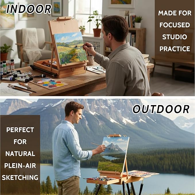 Falling in Art Light Weight French Style Field and Sketchebox Easel with Aluminum Tripod, Adjustable Beechwood Tripod Standing Easel with Drawer, Palette