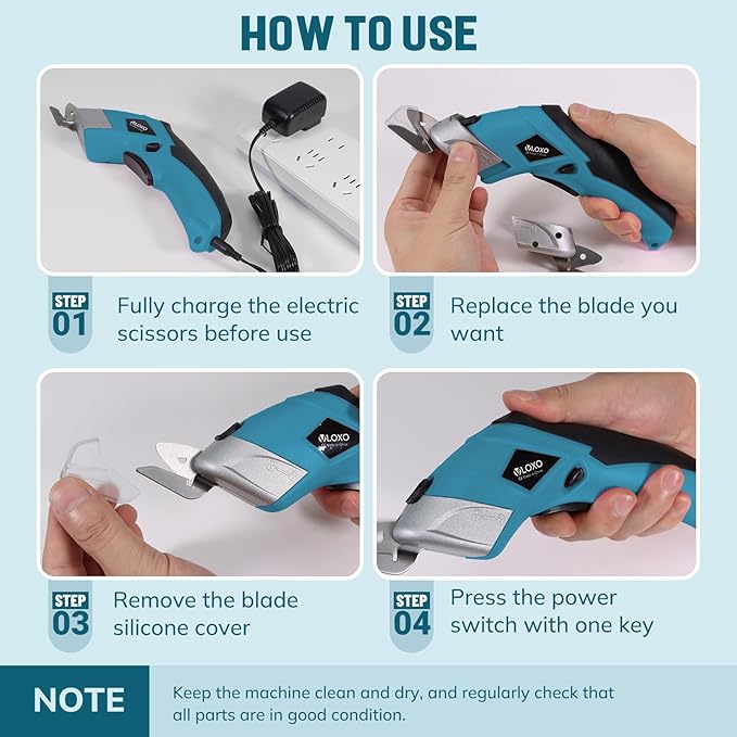 VLOXO Cordless Electric Scissors Electric Box Cutter with 2 Type Blades Rechargeable Cordless Scissors Powerful Shears Cutting Tool Cardboard Cutter for Fabric Cardboard Carpet Leather Felt Blue