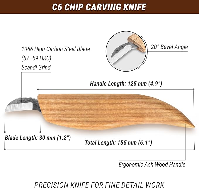 BeaverCraft Chip Carving Knife C6 1" - Wood Carving Tools for Beginners and Kids - Small Whittling Knife for Detail