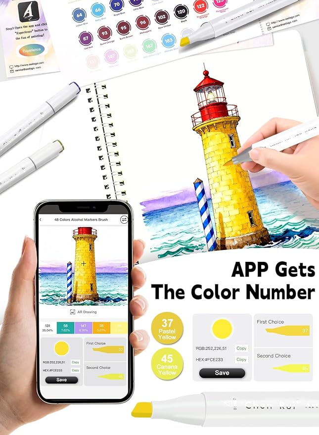 YHC 60 Alcohol Brush Marker with Free App, Chen Rui Dual Tips Art Markers for Adults and Kids, Alcohol Based Brush & Chisel Tips Markers for Drawing, Coloring, Painting, Sketching