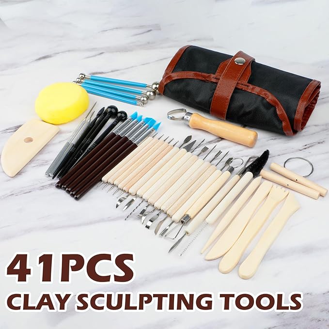 41PCS Clay Sculpting Tools Kit, Pottery Tools with Organizer Storage Bag, Wooden, Stainless Steel Plastic Clay Tools, Sculpting Tool for DIY Handcraft, Modeling, Ceramic Carving