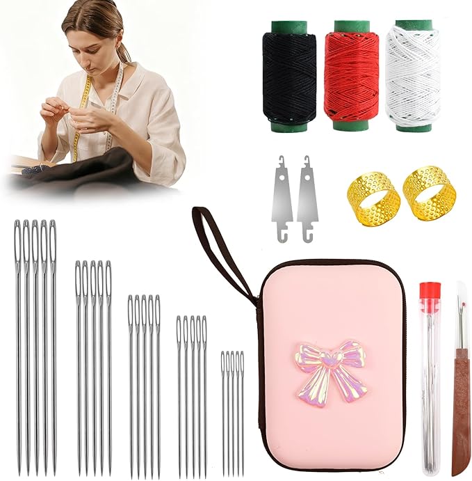 34PCS Big Eye Steel Sewing Needles Kit, 5 Size Stainless Steel Needle Sewing Set with Threader, Thimble, Case for Crafts, Repair, Quilting, Suitable for DIY Craft Enthusiasts, Beginner-Friendly