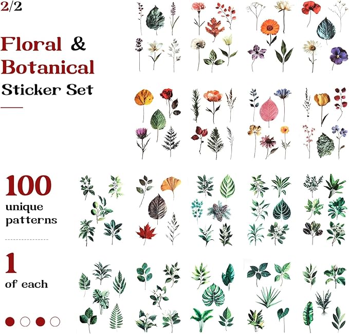 Dizdkizd 200-Piece Vintage Floral Greenery Bird Sticker for Scrapbooking, Journaling, Crafts, Seasonal Nature Scrapbook Sticker Pack, Transparent and Waterproof