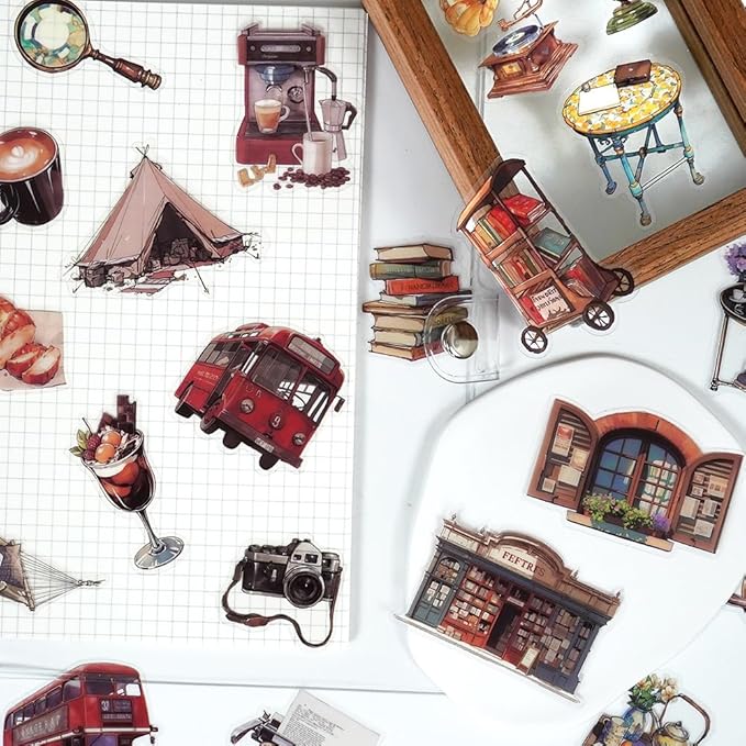 160 PCS Vintage Stickers, Retro Aesthetic Decals Set, PET Clear Waterproof Resin Stickers, Travel Foods Books Past Things Stickers for Scrapbook Diary Bottle Journals Laptop Crafts Planners