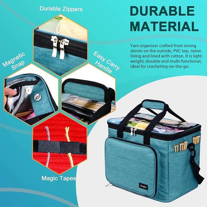 Hoshin Knitting Bag for Yarn Storage, High Capacity Yarn Totes Organizer with Inner Divider Portable for Carrying Project, Knitting Needles(up to 14”), Crochet Hooks, Skeins of Yarn (Green)